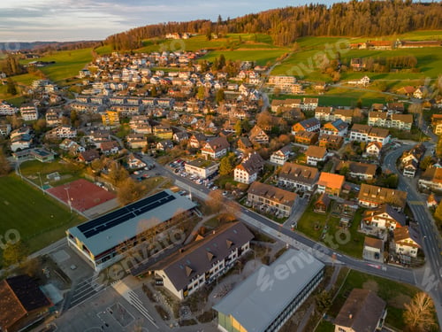 Preview: Aerial panorama view to lake Zug and Swiss Alps with Mettmenstetten, Switzerland