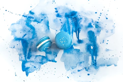Preview: Two Colorful Macarons on Blue Watercolor Background