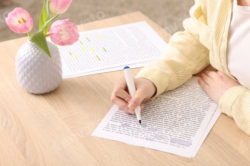 Preview: Woman circling important information with marker at wooden desk indoors, closeup
