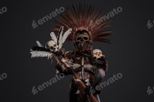 Preview: Creepy female shaman with staff and ceremonial headwea