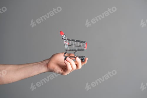 Preview: a human hand holding an empty shopping cart as the symbol of online shopping and e-commerce