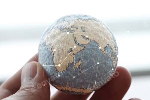 Preview: Close Up Of Businessman Hand Showing Texture The World With Digital Social Media Network Diagram