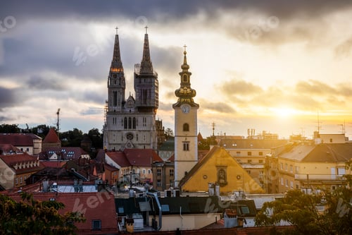 Preview: Aerial view of the Cathedral in Zagreb at sunrise. Croatia