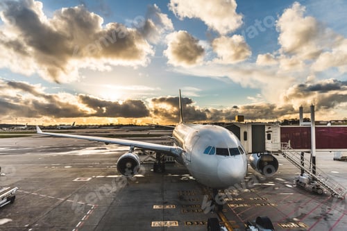 Preview: Airplane boarding passengers at airport at sunset