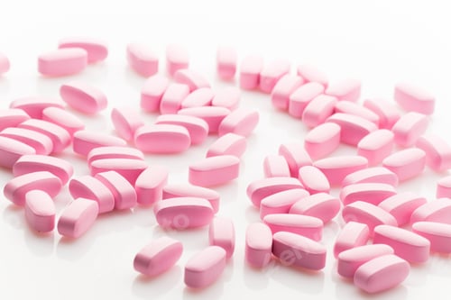 Preview: Pile of Pink Pills on White Surface