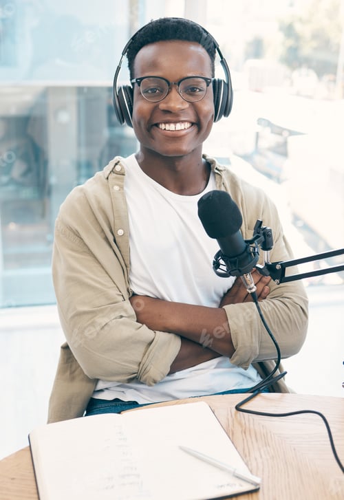 Preview: Portrait, radio and black man with a notebook, microphone and arms crossed with content creator, li