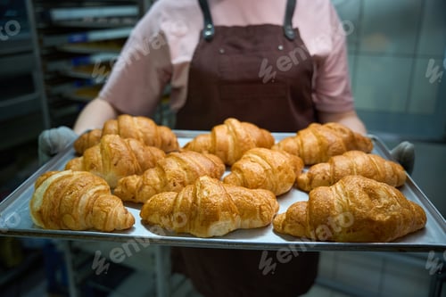 Preview: Female holding baking sheet with freshly baked buttery croissants