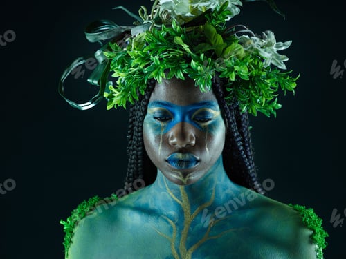 Preview: Plant crown, black woman and beauty of face with makeup on dark background with tropical leaf. Fair