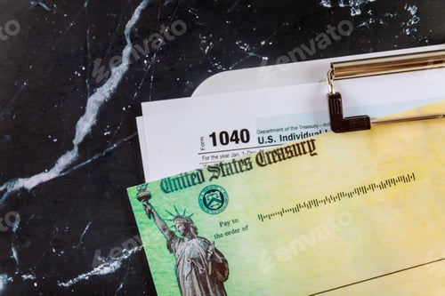 Preview: 1040 Tax Form with Refund Check and bills US stimulus refund check