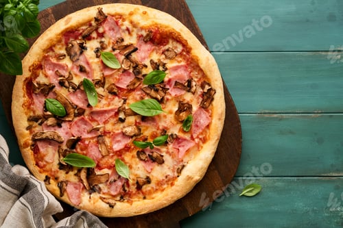 Preview: Pizza. Traditional Bacon pizza with ham, mushrooms, pickled cucumber and cheese and cooking ingredie