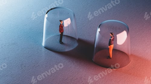 Preview: Man and woman meet from behind glassy bubbles. Social distancing