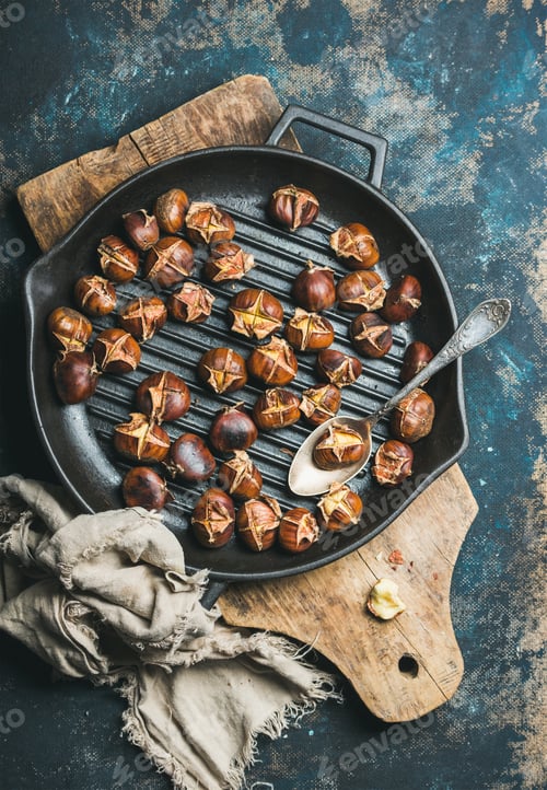Preview: Roasted chestnuts in grilling pan over dark blue background