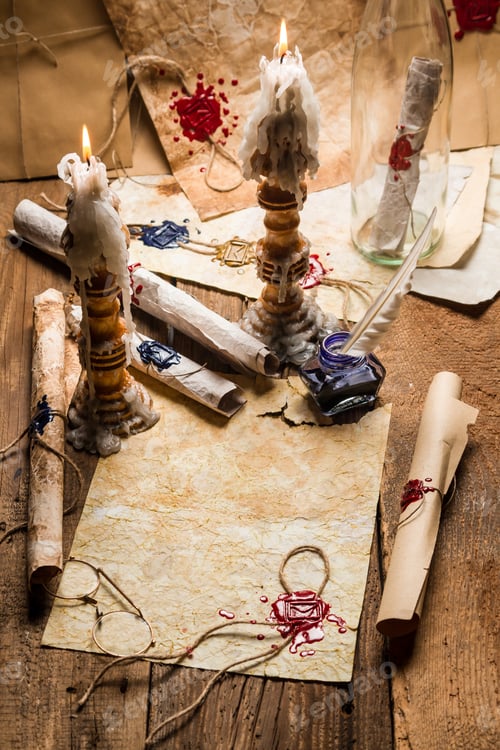 Preview: Vintage scrolls and candles are the old scribe's workplace