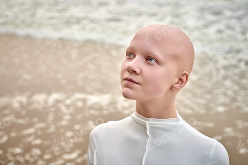 Preview: Close up portrait of young hairless girl with alopecia in white futuristic costume on sea background