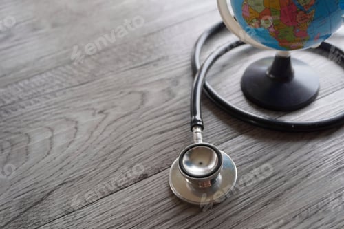 Preview: Selective focus image of stethoscope and world globe with copy space