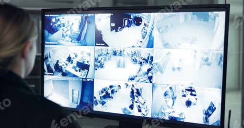 Preview: Security guard, inspection and woman by cctv monitor for protection, building safety or data center
