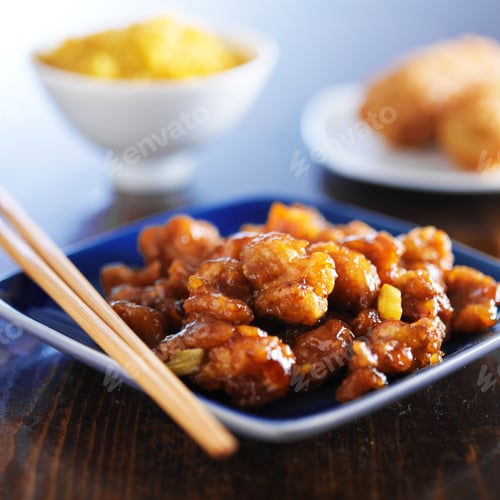 Preview: chinese food - orange chicken on blue plate