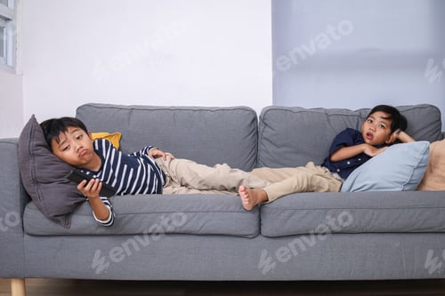 Preview: Young Brothers Relaxing Watching TV on Gray Couch in Modern Living Room