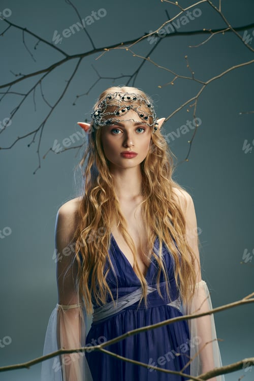 Preview: Enchanted woman in blue dress embracing nature