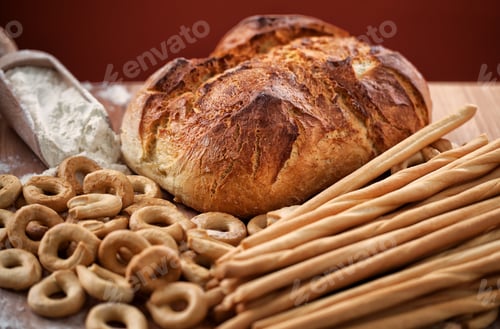 Preview: Assortment of bakery products on a wooden table.