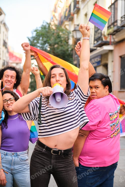 Preview: LGBTQ people with rainbow flags and a megaphone fighting for their rights.