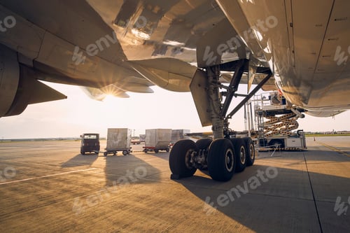 Preview: Loading of cargo containers to airplane at sunset