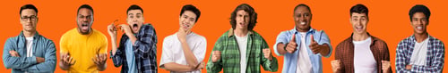 Preview: Multiethnic millennial guys gesturing and grimacing on orange, collage