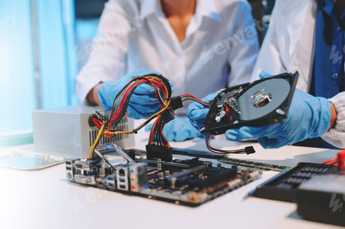 Preview: Technician repairing inside of hard disk drive by screwdriver. the concept