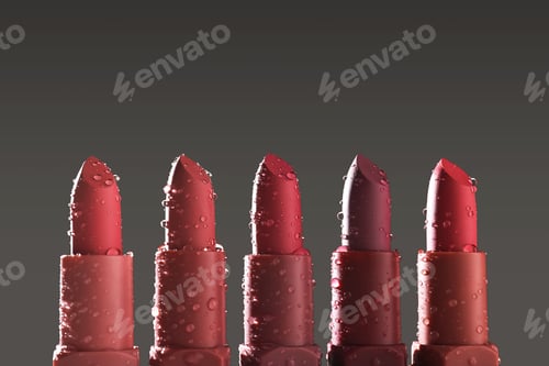 Preview: Red lipsticks with water drops on a dark background.