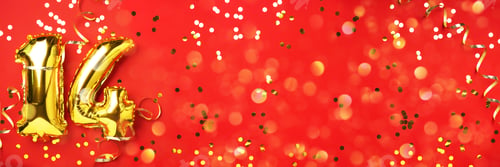 Aperçu: Gold foil balloon number, digit fourteen. Birthday greeting card, inscription 14