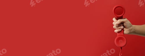 Preview: Hotline service. Woman with telephone receiver and space for text on red background, banner design