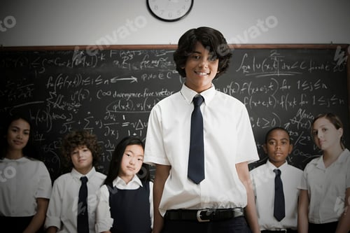 Preview: Confident student standing in front of peers with a chalkboard full of math equations behind.