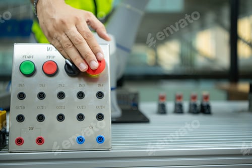 Preview: Close-up of hand pressing the stop button on the control panel of an industrial machine.