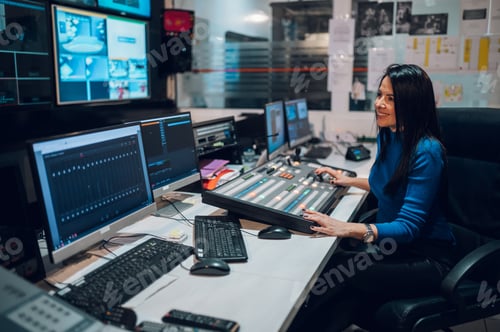 Preview: Middle aged woman using equipment in control room on a tv station