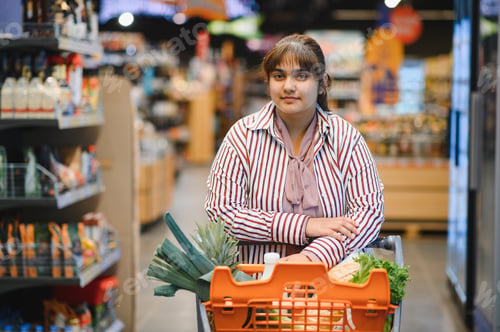 Preview: Indian woman shopping for groceries in supermarket with full basket