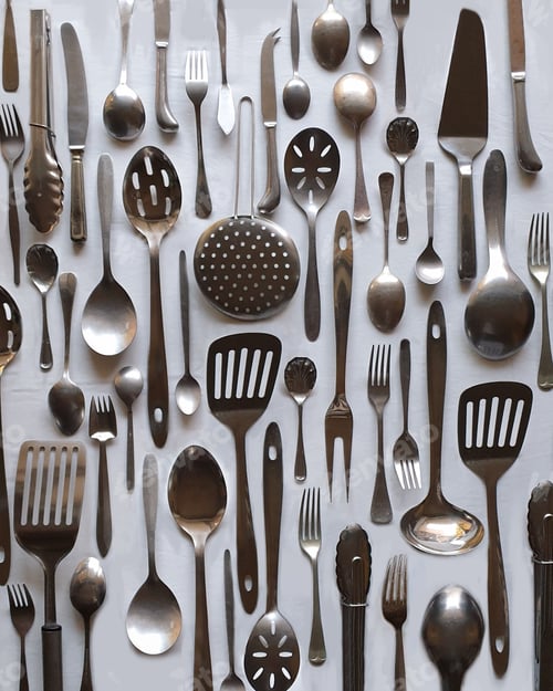 Preview: Full Frame kitchen table with utensils and cutlery arranged neatly on white background