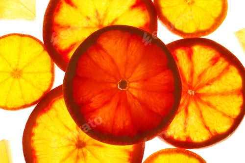 Preview: Illuminated slices of citrus fruits on white background, top view
