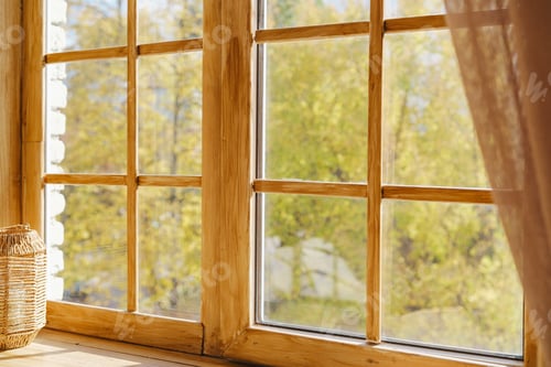 Preview: Wooden pane window overlooking yellow trees and hazy soft curtains during daytime.