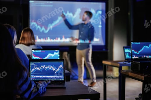 Preview: Graph is going up. Male business trainer is against projector with data, teaching people
