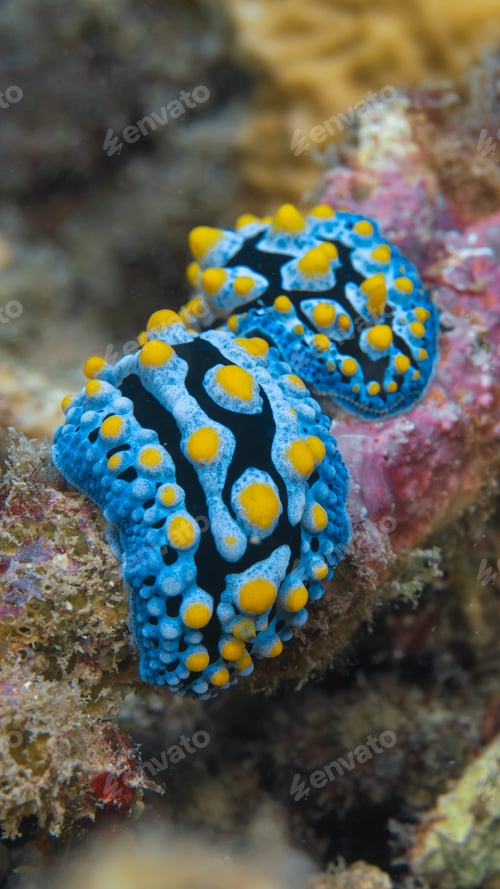 Preview: two beautiful nudibranchs on a coral, macro shot