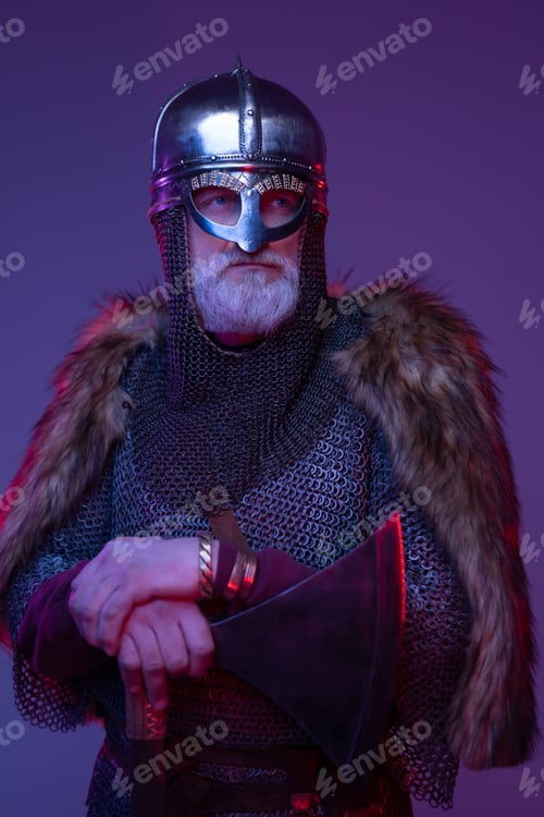 Preview: Antique elder knight with axe against purple background
