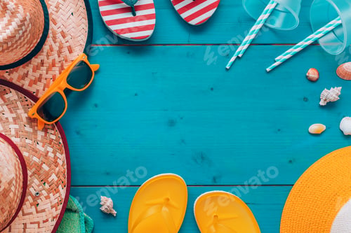 Preview: Summer holiday vacation beach accessories flat lay top view