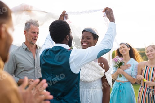 Preview: Happy african american couple holding veil and smiling during wedding