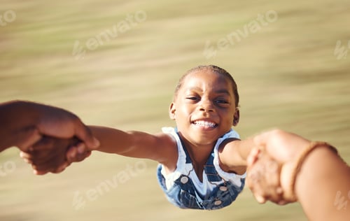 Preview: Pov, mother holding hands of African girl and spinning at park, in nature or outdoors. Childhood, p