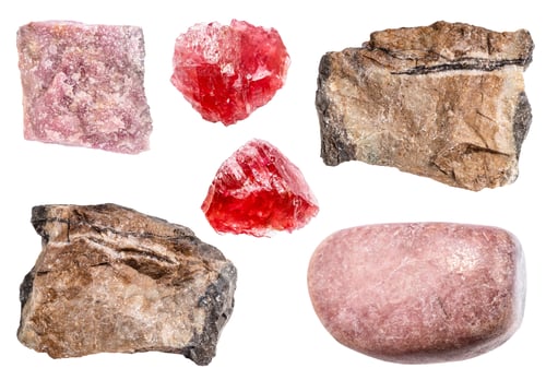Preview: various samples of raw rhodonite minerals isolated