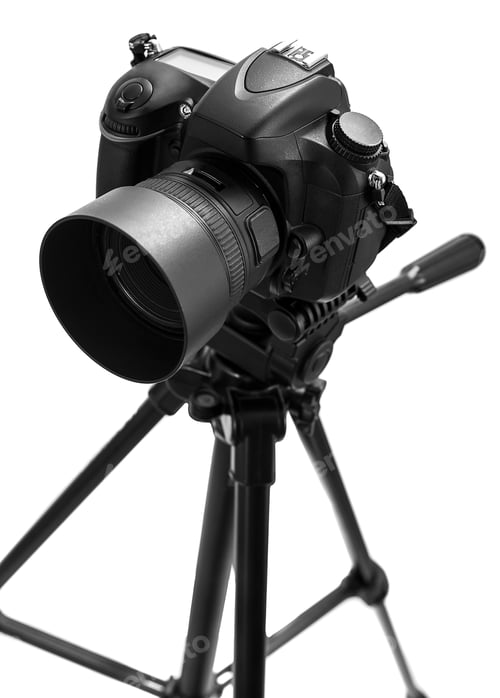 Preview: Photo camera on tripod isolated at white background
