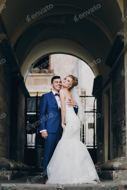 Preview: Gorgeous wedding couple of newlyweds embracing at old buildings