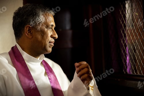 Preview: Religion, church and priest in confession booth listening to people confess, share and speak about