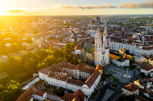 Preview: Aerial view of the Cathedral in Zagreb at sunrise. Croatia