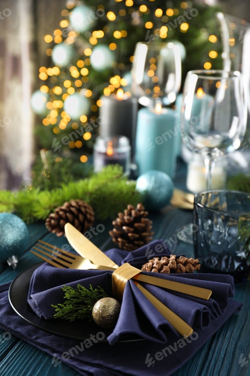 Preview: New Year table setting with bokeh on wooden table